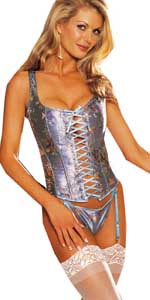 Steel Blue Floral Brocade Bustier and G-String